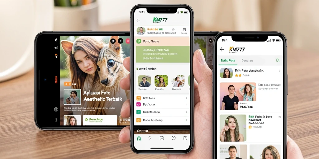 Screenshot antarmuka KM777 menampilkan berbagai fitur pengeditan foto aesthetic.