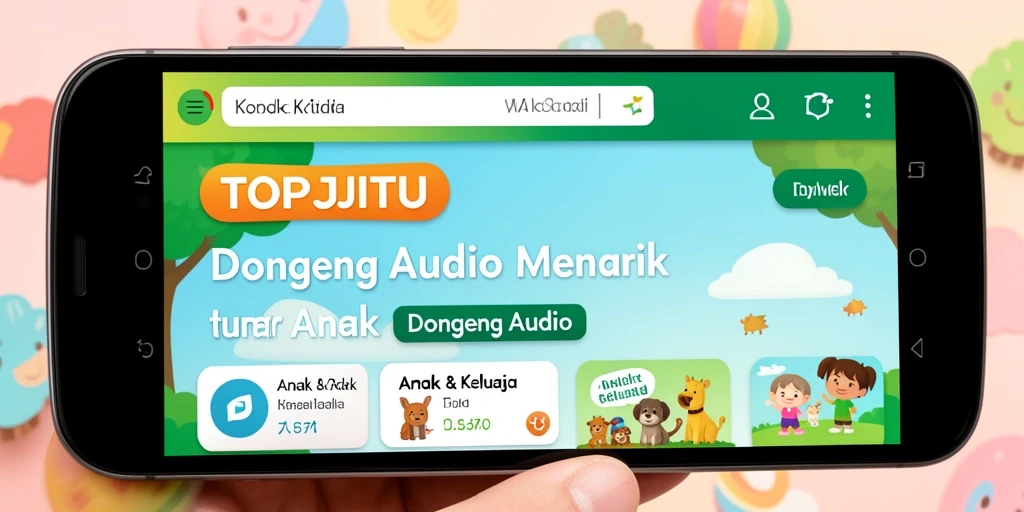 Antarmuka aplikasi TOPJITU yang ramah anak dengan koleksi dongeng audio.